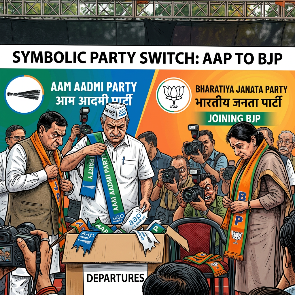 Leaders exchanging party scarves during symbolic switch from AAP to BJP