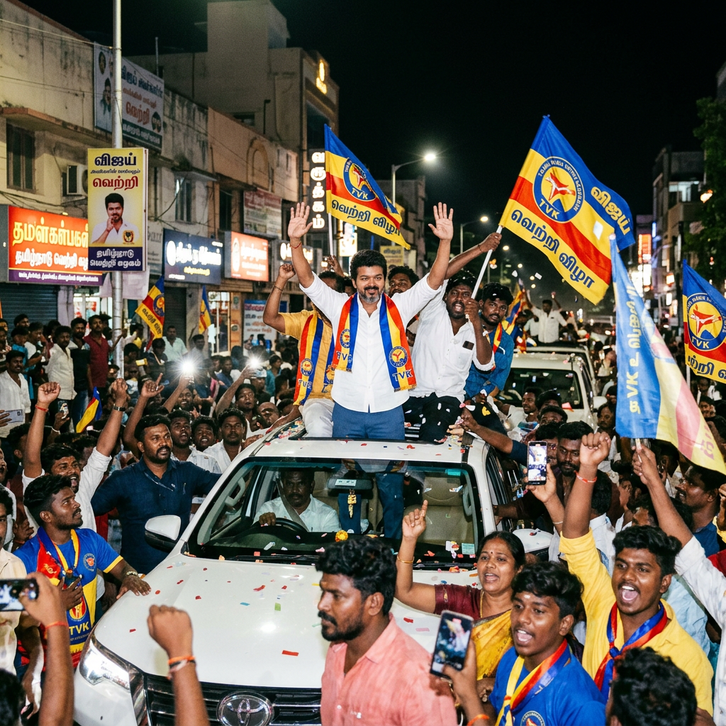 Man standing on a car waving to crowd with supporters holding flags in a night rally
