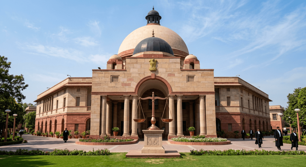 Supreme Court of India building with dome and scales of justice statue