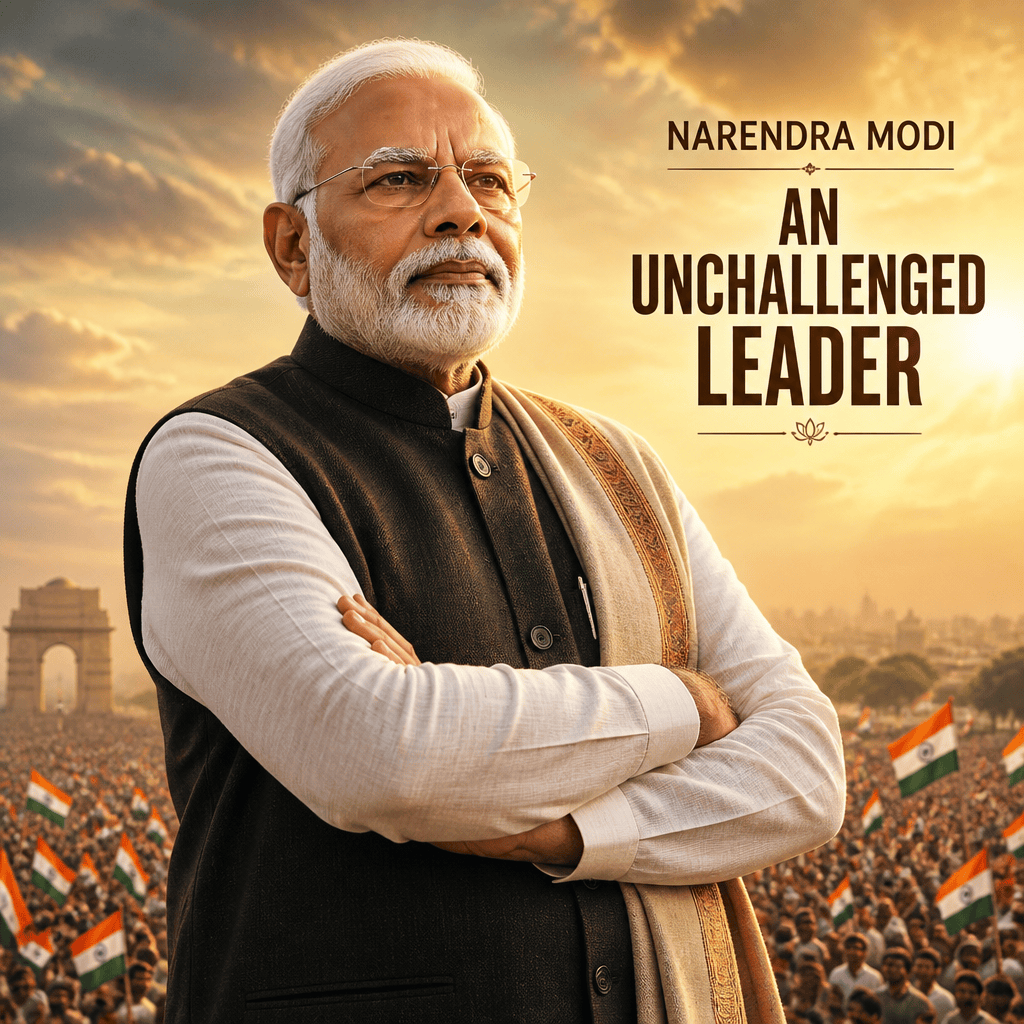 Poster text reads “NARENDRA MODI AN UNCHALLENGED LEADER” beside Narendra Modi overlooking a crowd with Indian flags.